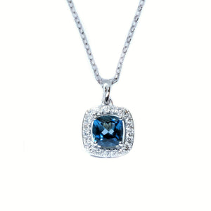 Cushion London Blue Topaz & Diamond Halo Pendant - Johnny Jewelry