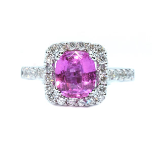 Cushion Pink Sapphire & Diamond Halo Ring - Johnny Jewelry