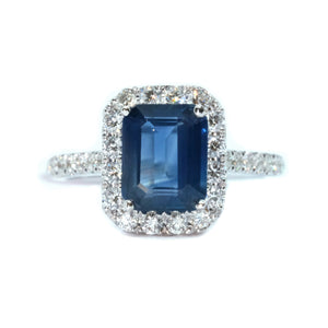 Emerald Cut Sapphire & Diamond Halo Ring - Johnny Jewelry