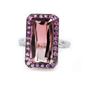 Two Tone Bi-color Tourmaline Pink Sapphire Halo & Diamond Ring - Johnny Jewelry