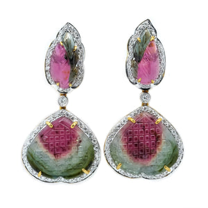 Carved Bi-color Tourmaline & Diamond Earrings - Johnny Jewelry