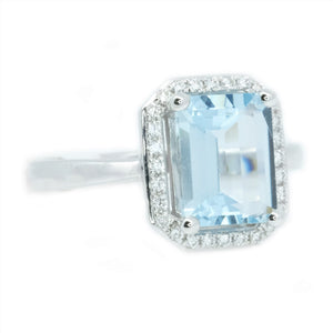 Emerald Cut Aquamarine & Pave Diamond Halo Ring