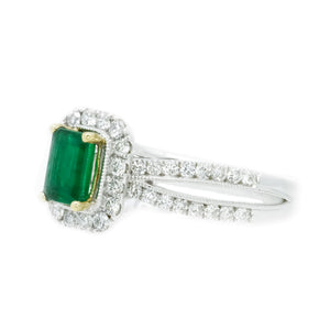 Split Shank Emerald Cut Emerald & Diamond Halo Ring