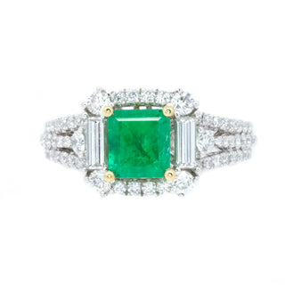 Emerald Cut Emerald & Baguette Diamond Halo Ring