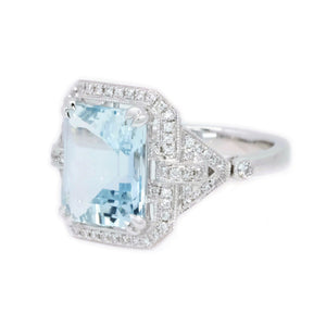 Art Deco Emerald Cut Aquamarine & Diamond Ring