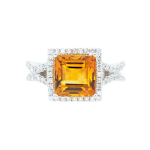 Square Golden Citrine Diamond Halo Ring