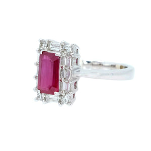Art Deco Emerald Cut Ruby & Baguette Diamond Ring - Johnny Jewelry