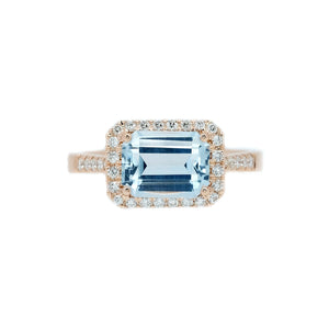 East-West Emerald Cut Aquamarine & Diamond Ring