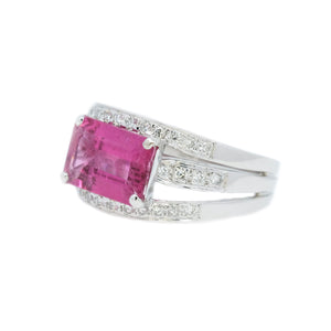 East-West Emerald Cut Rubellite & Pave Diamond Ring