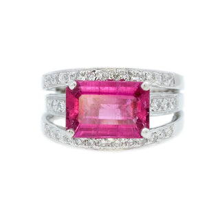 East-West Emerald Cut Rubellite & Pave Diamond Ring