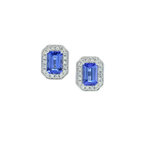Emerald Cut Tanzanite & Pave Diamond Halo Earrings