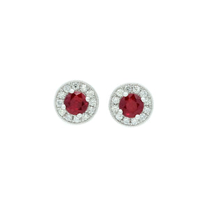 Dainty Round Ruby & Pave Diamond Halo Earrings
