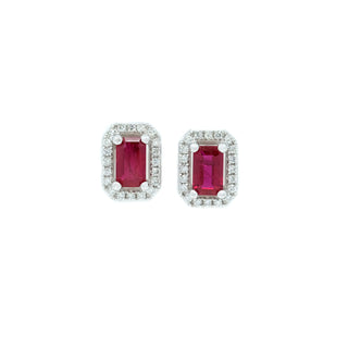 Dainty Emerald Cut Ruby & Diamond Halo Earrings