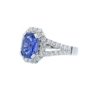Classic Emerald Cut Sapphire & Diamond Halo Ring