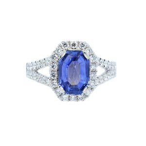 Classic Emerald Cut Sapphire & Diamond Halo Ring