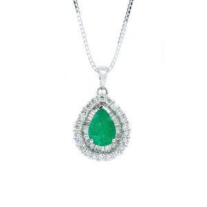 Teardrop Emerald & Baguette Diamond Halo Pendant - Johnny Jewelry