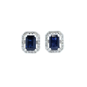 Dainty Emerald Cut Sapphire & Diamond Halo Earrings