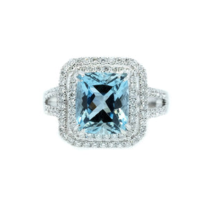 Double Halo Emerald Cut Aquamarine & Diamond Ring