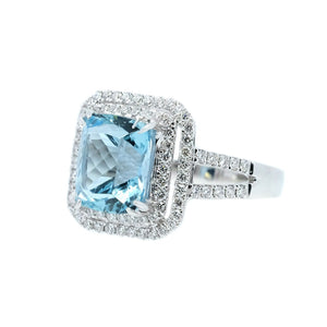 Double Halo Emerald Cut Aquamarine & Diamond Ring