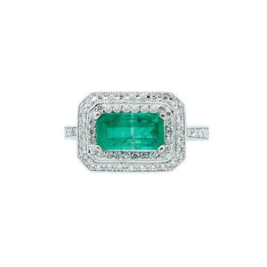 East-West Emerald & Double Halo Ring