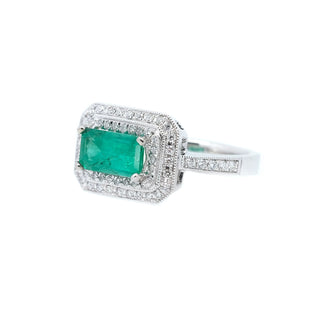 East-West Emerald & Double Halo Ring