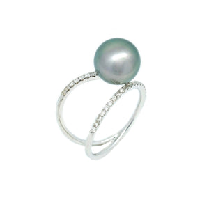 Asymmetrical Black South Sea Pearl & Diamond Ring - Johnny Jewelry