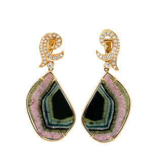 Geometric Watermelon Tourmaline & Diamond Earrings