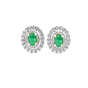 Oval Emerald & Double Diamond Halo Earrings