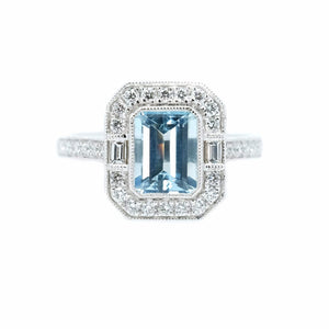 Art Deco Aquamarine & Pave Diamond Halo Ring