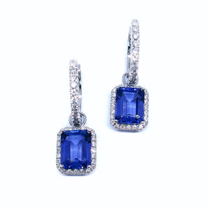 Emerald Cut Tanzanite & Diamond Drop Earrings - Johnny Jewelry