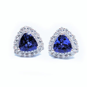 Trillion Cut Tanzanite & Diamond Halo Earrings - Johnny Jewelry