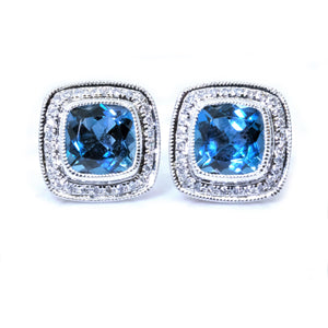 Pave Cushion Blue Topaz and Diamond Halo Studs - Johnny Jewelry
