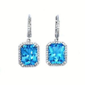 Classic Emerald Cut Blue Topaz & Diamond Drop Earrings - Johnny Jewelry