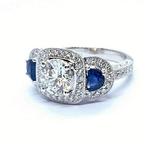 Vintage Style Round Diamond & Sapphire Trilogy Ring - Johnny Jewelry