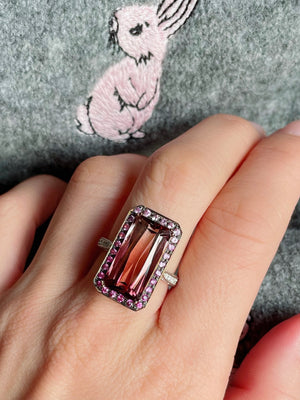 Two Tone Bi-color Tourmaline Pink Sapphire Halo & Diamond Ring