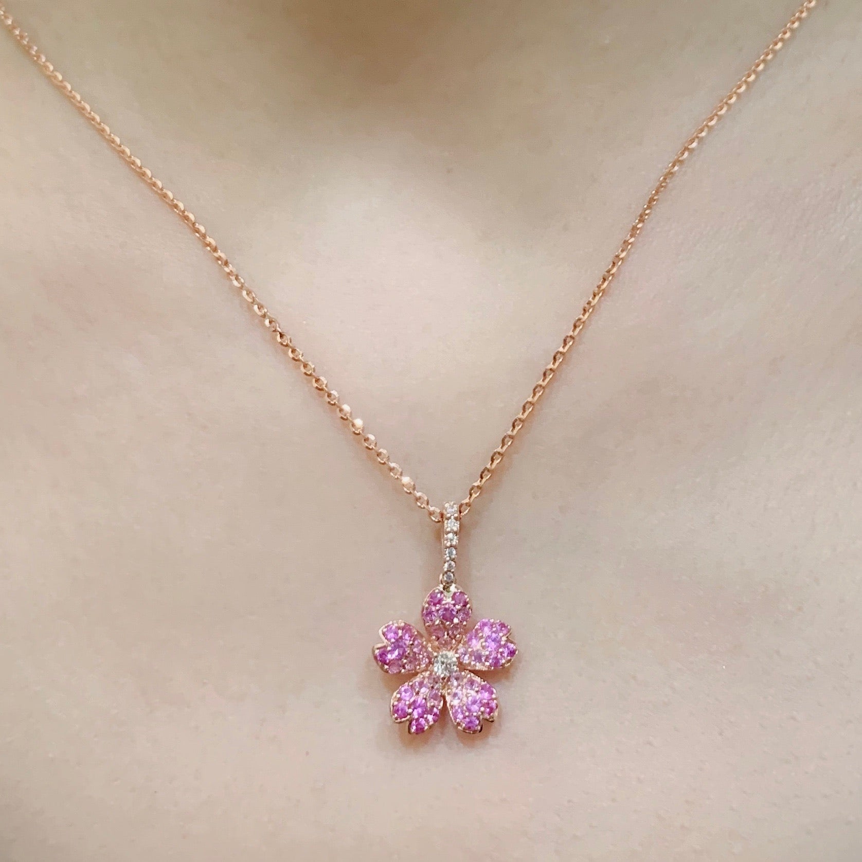 Pink Sapphire Sakura Cherry Blossom Pendant