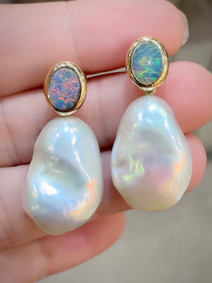 Opal & Baroque Freshwater Pearl Drop Earrings