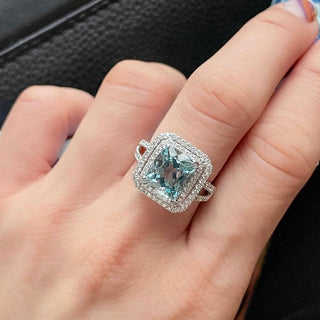 Double Halo Emerald Cut Aquamarine & Diamond Ring