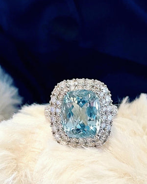 Double Halo Cushion Aquamarine & Diamond Ring