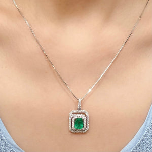 Double Halo Emerald Cut Emerald & Diamond Pendant