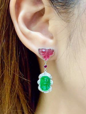 Carved Jade & Tourmaline Earrings - Johnny Jewelry