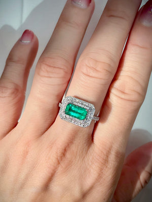 East-West Emerald & Double Halo Ring