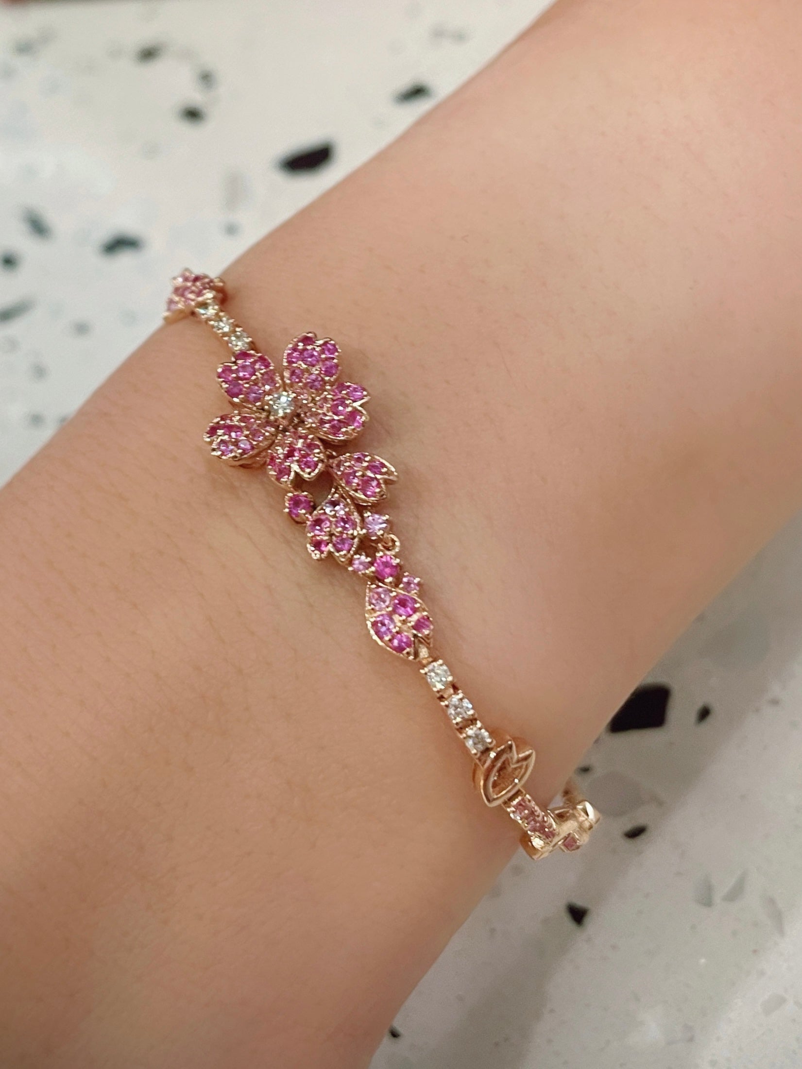  Barsly Flower Bracelet with Pink Cherry Blossom Green Pearl  Small and Fresh and Heartly Sweet Bracelet Gold-Color: Clothing, Shoes &  Jewelry