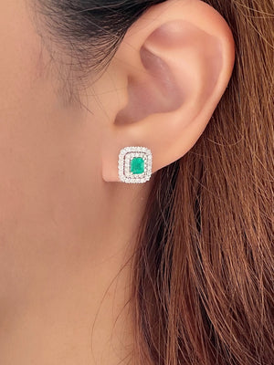 Emerald & Double Diamond Halo Earrings