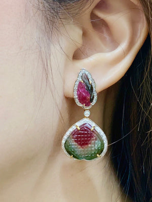 Carved Bi-color Tourmaline & Diamond Earrings - Johnny Jewelry