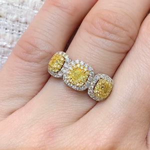 Three Stone Cushion Fancy Yellow Diamond Ring - Johnny Jewelry