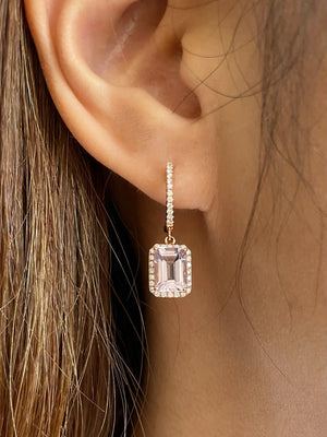 Emerald Cut Pink Amethyst & Diamond Drop Earrings - Johnny Jewelry