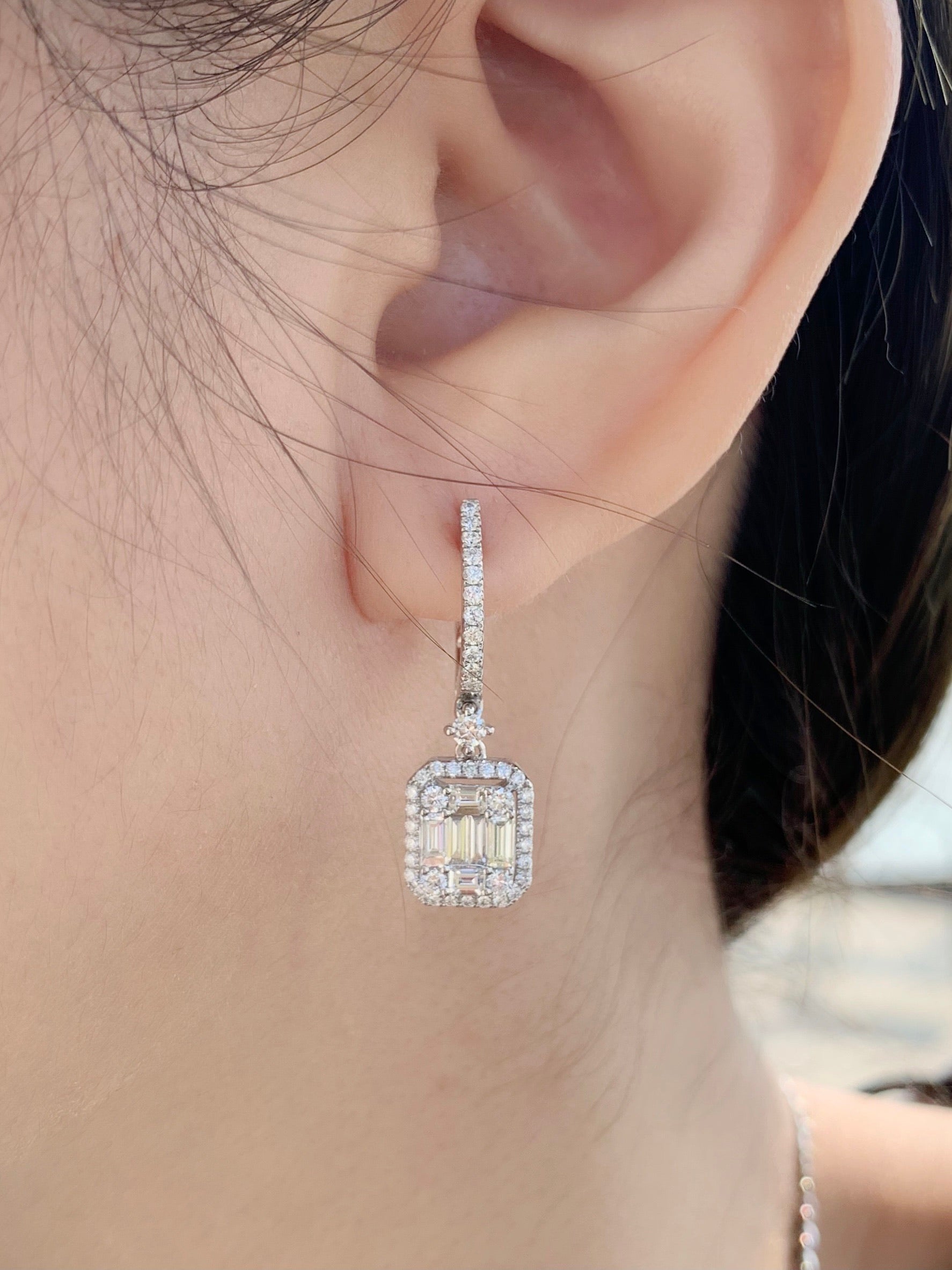 Palace Baguette Cut Long Diamond Drop Earrings 18K White Gold