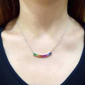 Curved Bar Princess Cut Rainbow Sapphire Necklace - Johnny Jewelry