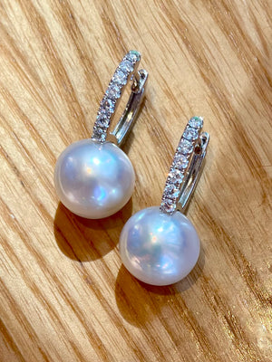 Classic South Sea Pearl & Diamond Huggie Earrings